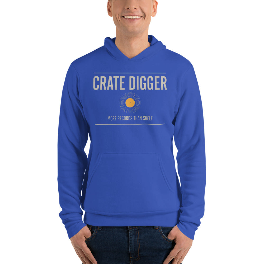 Crate Digger vinyl record hoodie — True Royal, on model