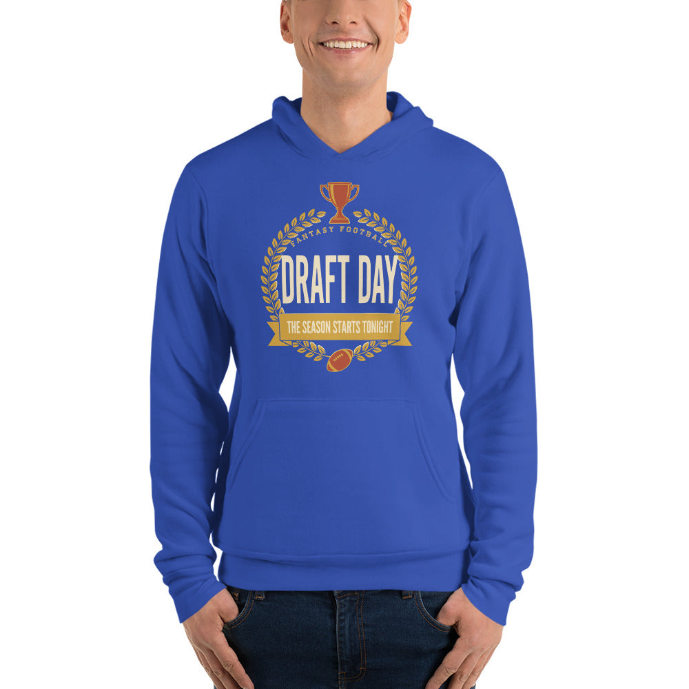 Draft Day Almanac vintage fantasy football draft hoodie — True Royal, on model