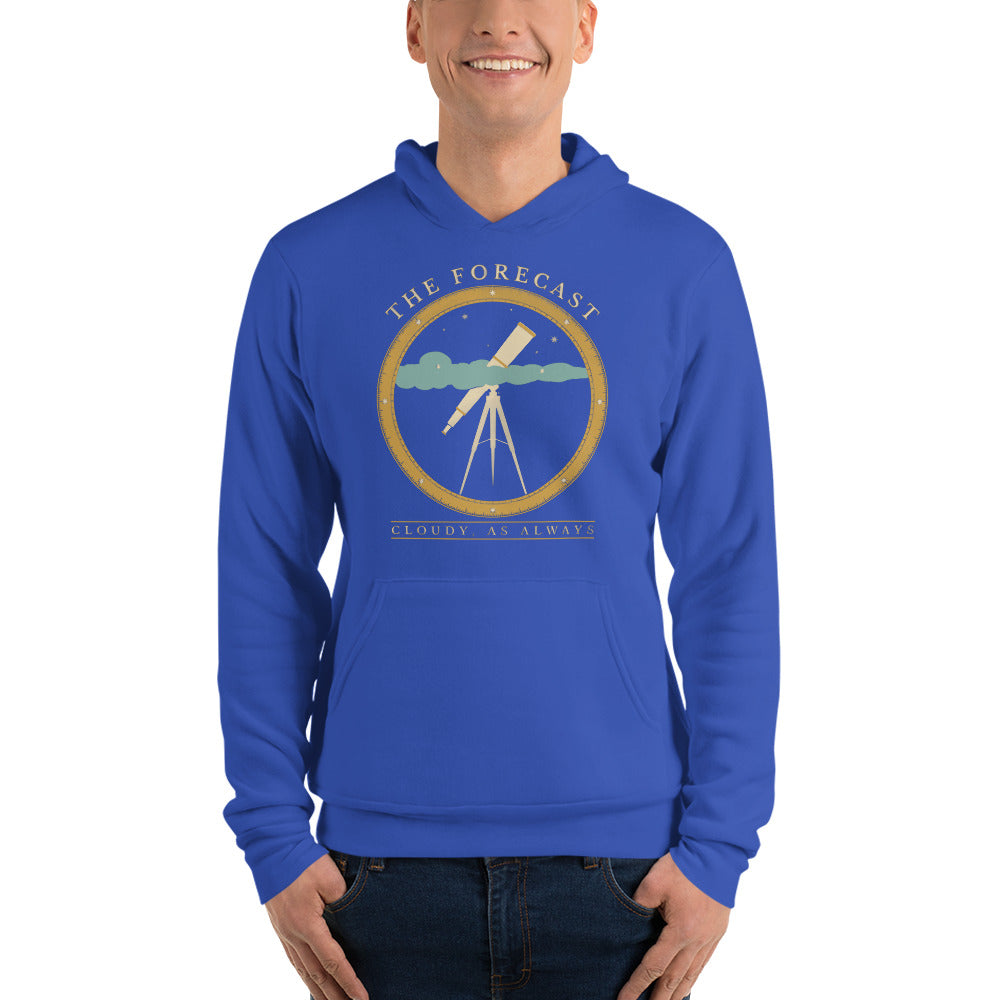 The Forecast Cloudy As Always funny astronomy hoodie — True Royal, on model