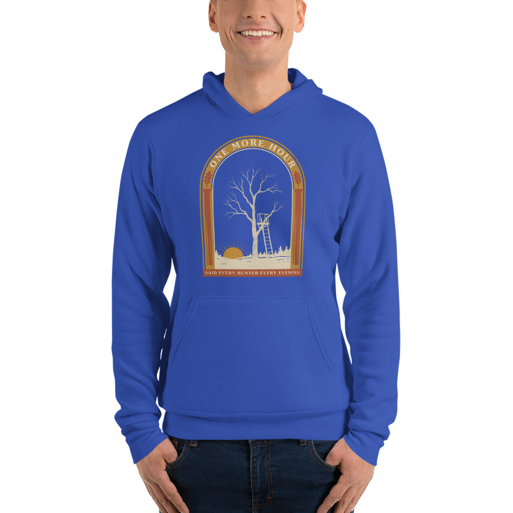 One More Hour funny deer hunting hoodie — True Royal, on model