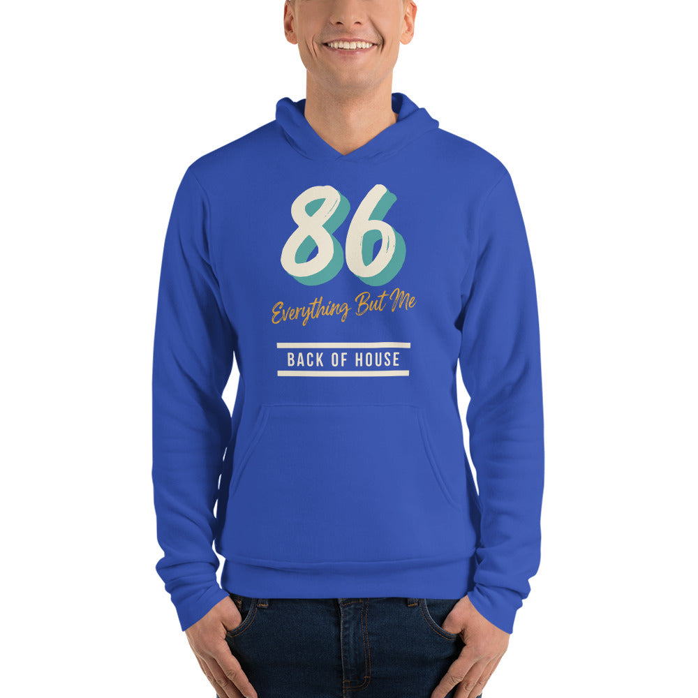 86 Everything But Me line cook back of house hoodie — True Royal, on model