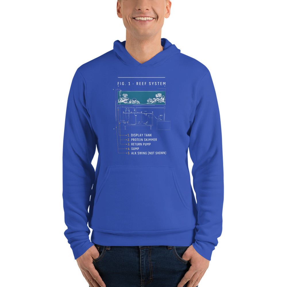 Reef System technical cutaway saltwater aquarium hoodie — True Royal, on model
