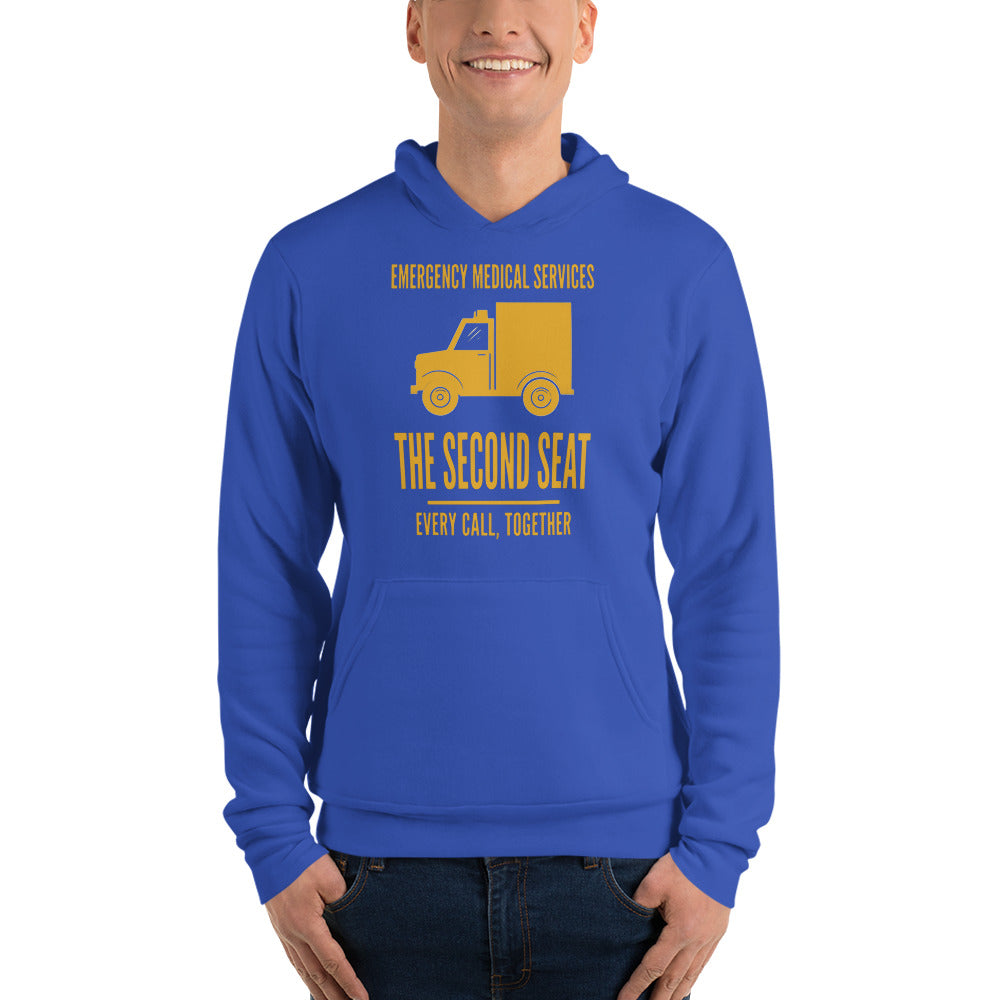 The Second Seat EMS paramedic hoodie — True Royal, on model