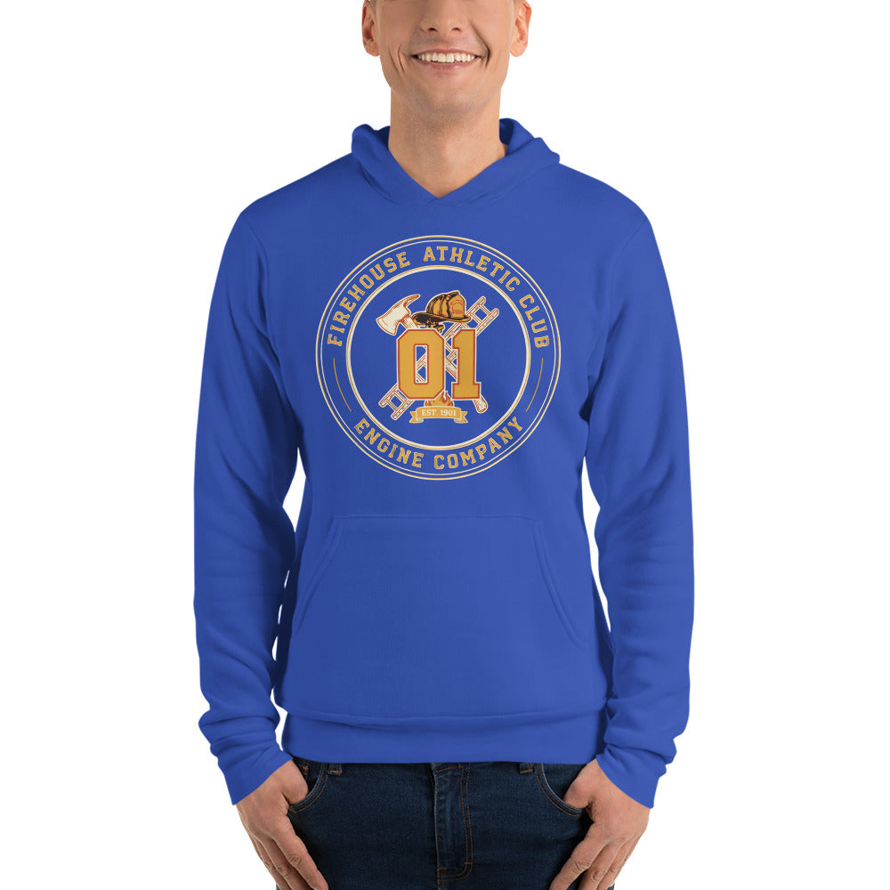 Firehouse Athletic Club retro firefighter emblem hoodie — True Royal, on model