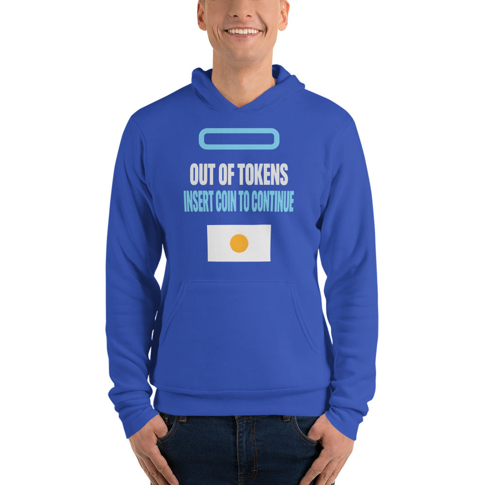 Insert Coin To Continue out of tokens hoodie — True Royal, on model