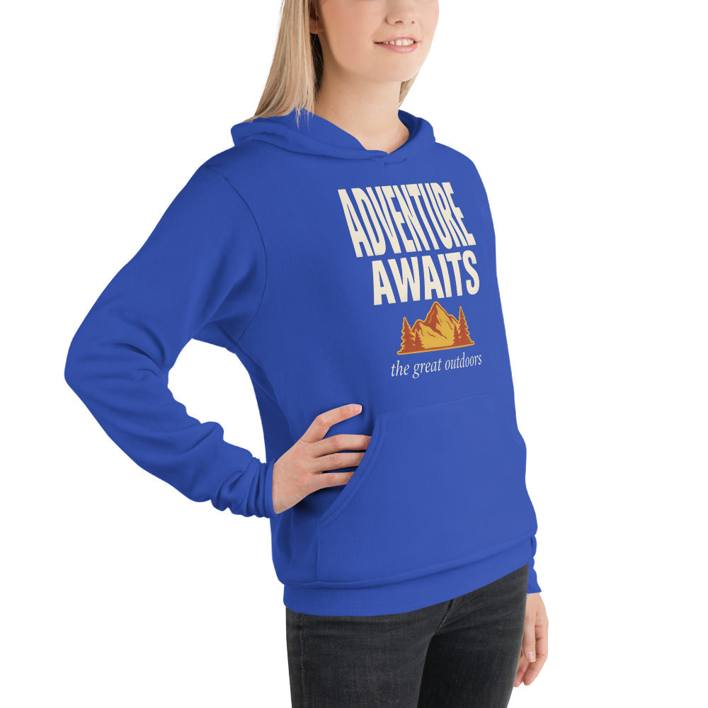 Adventure Awaits retro outdoors typography hoodie — True Royal, on model
