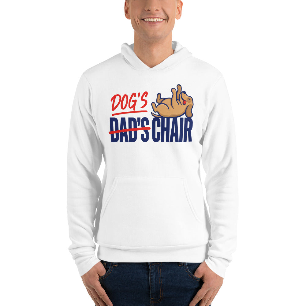 Dog's Chair funny dog dad hoodie — White, on model