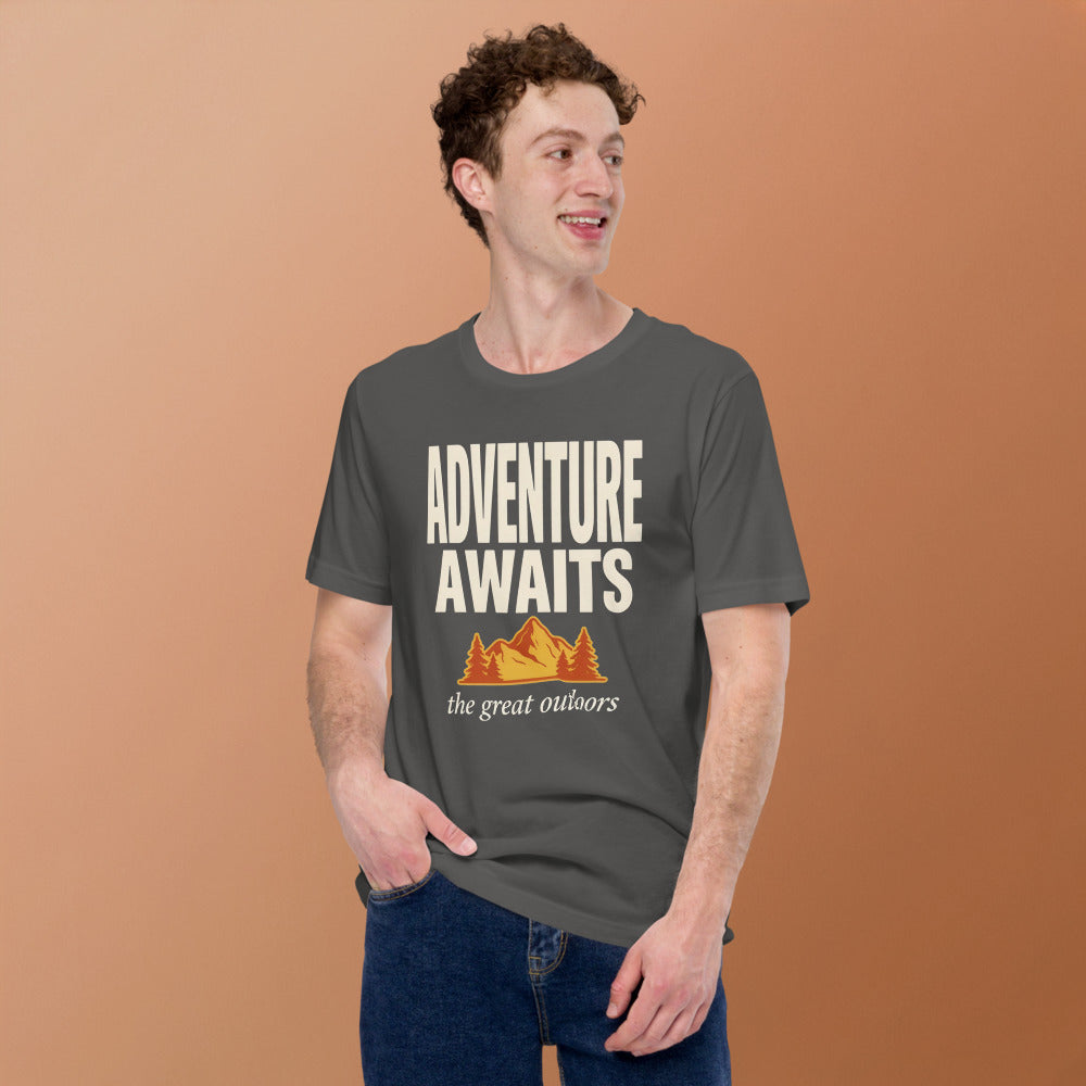 Adventure Awaits retro outdoors typography tee — Asphalt, on model