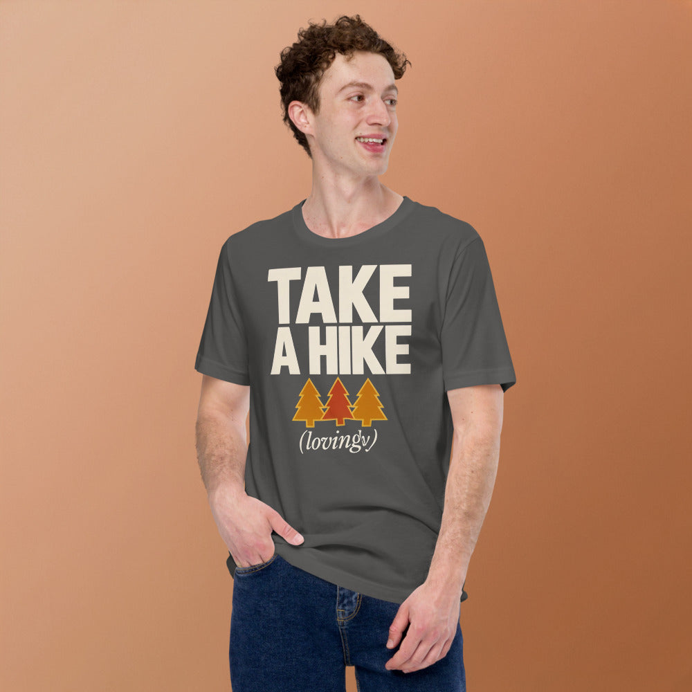 Take a Hike retro outdoors humor typography tee — Asphalt, on model