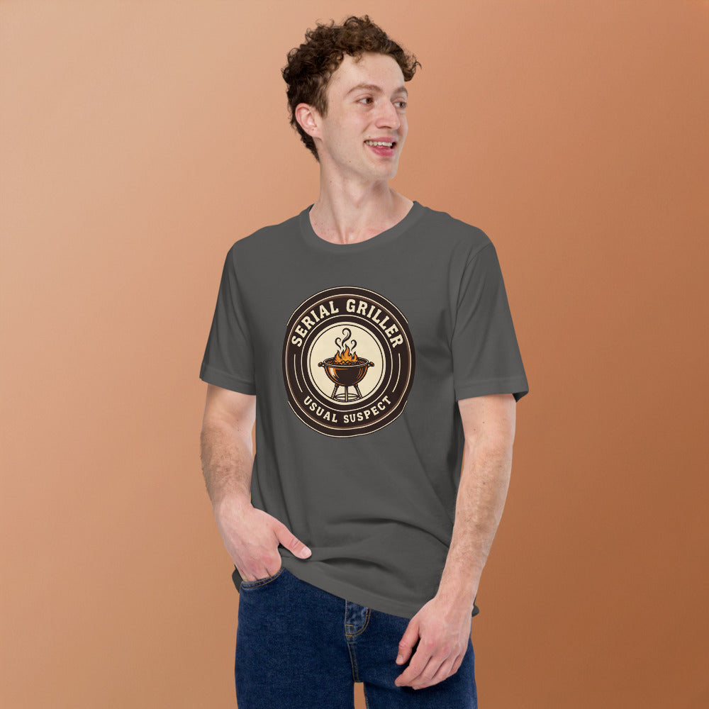 Serial Griller funny BBQ tee — Asphalt, on model