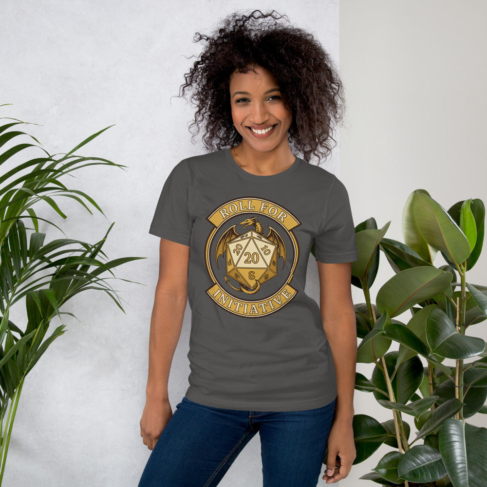 Roll For Initiative d20 dragon tabletop RPG tee — Asphalt, on model