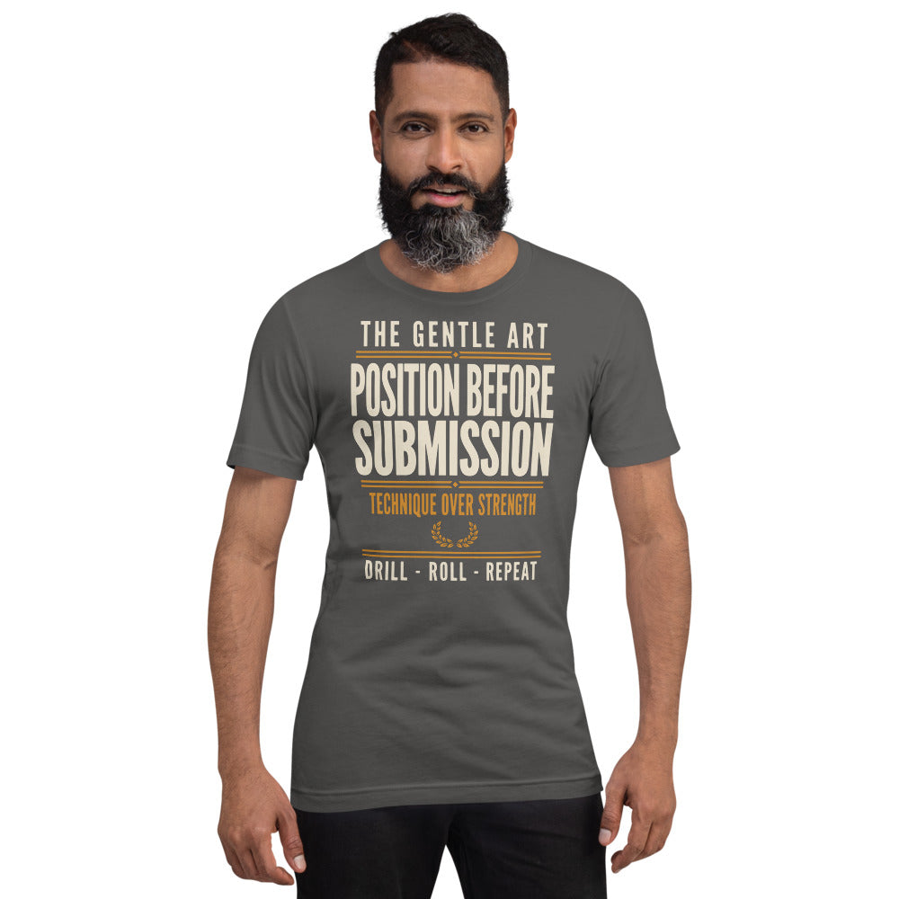 Position Before Submission Brazilian jiu jitsu t-shirt — Asphalt, on model