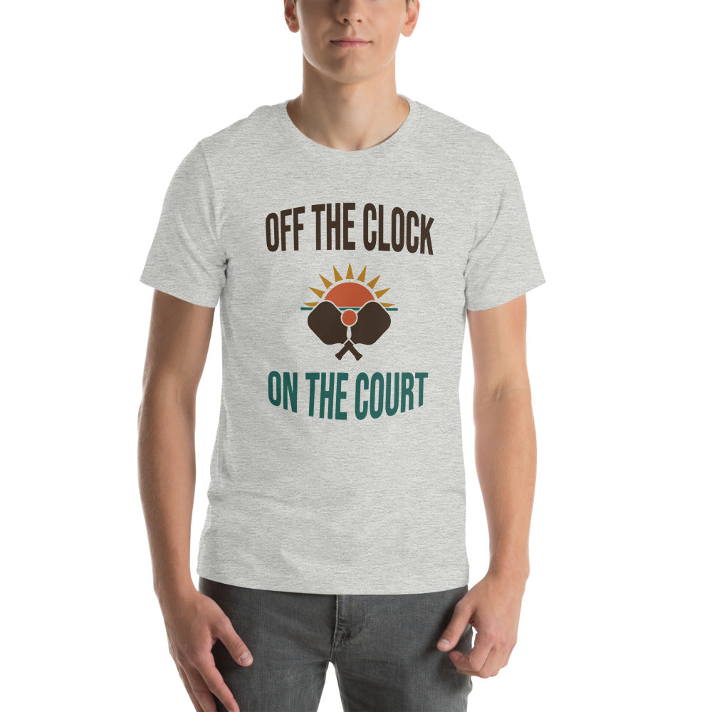 model wearing Off The Clock On The Court retro pickleball tee — Athletic Heather