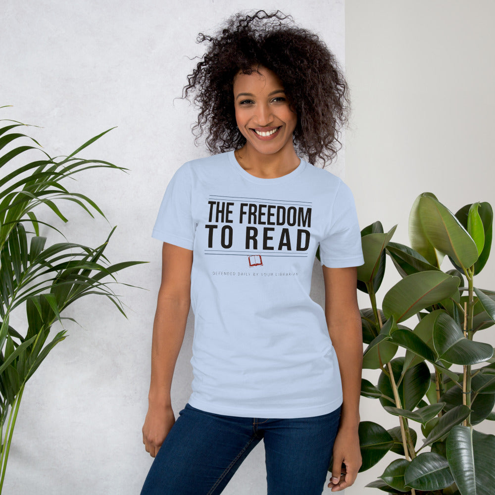 The Freedom to Read school librarian tee — Baby Blue, on model