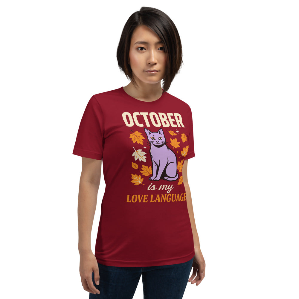 October Is My Love Language retro Halloween black cat tee — Cardinal, on model