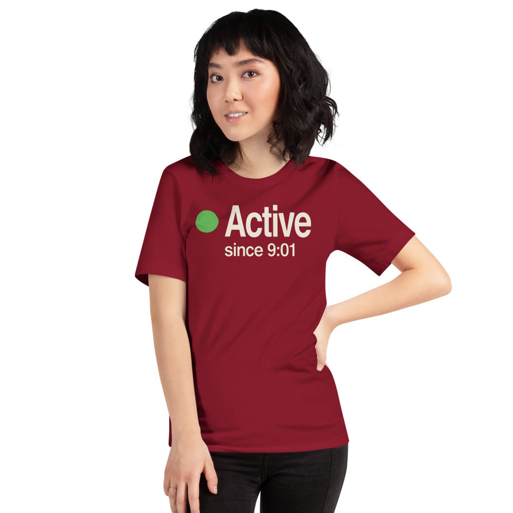 Active Since 9:01 presence status unisex t-shirt — Cardinal, on model