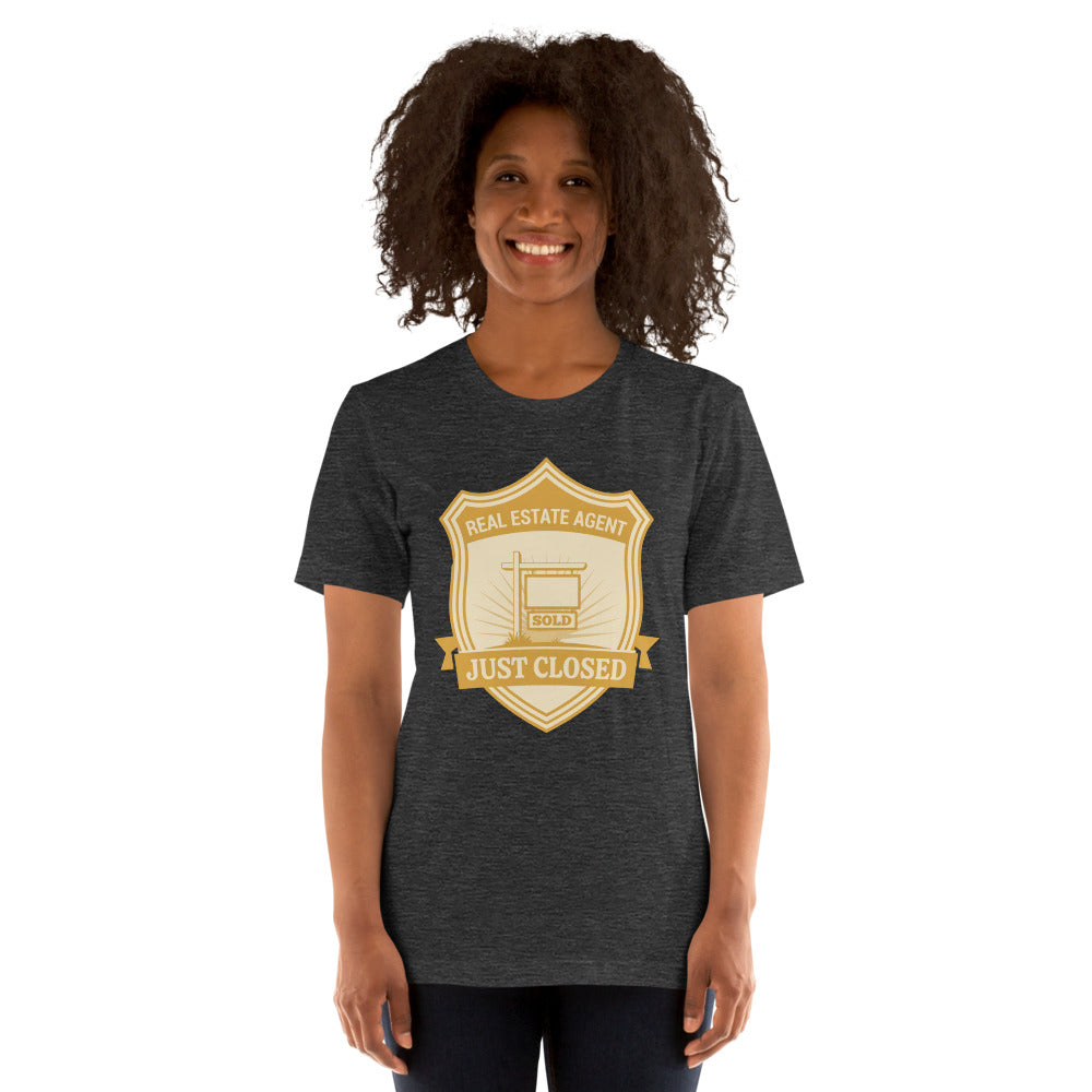 Just Closed real estate agent tee — Dark Grey Heather, on model