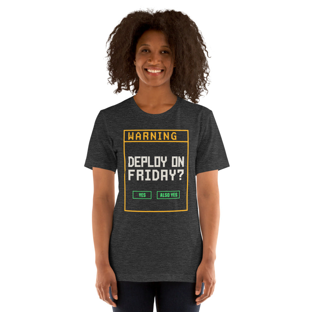 Deploy On Friday programmer tee — Dark Grey Heather, on model
