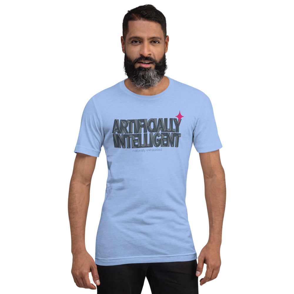 Artificially Intelligent funny AI t-shirt — Heather Carolina Blue, on model