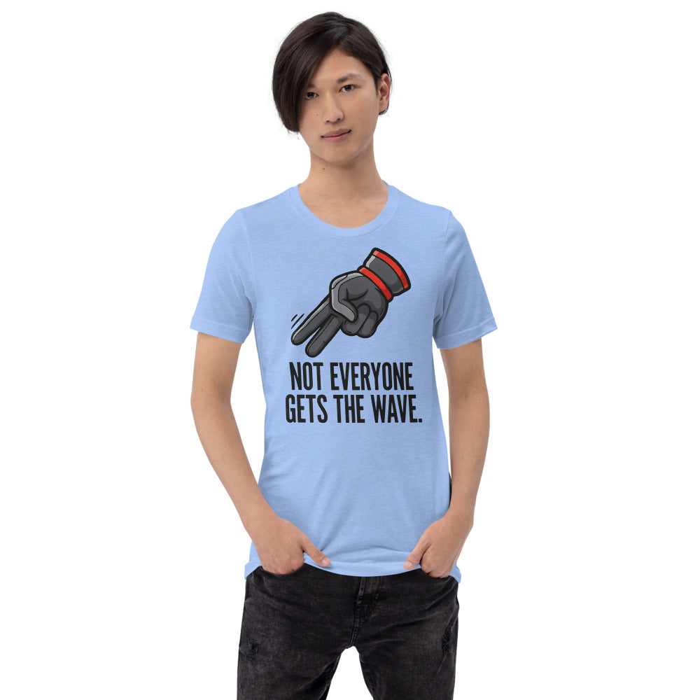 Not Everyone Gets The Wave biker wave motorcycle tee — Heather Carolina Blue, on model