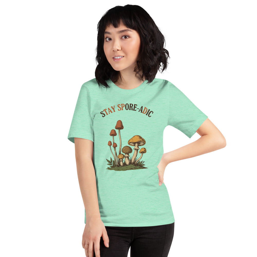 Stay Spore-adic funny vintage mushroom tee — Heather Mint, on model