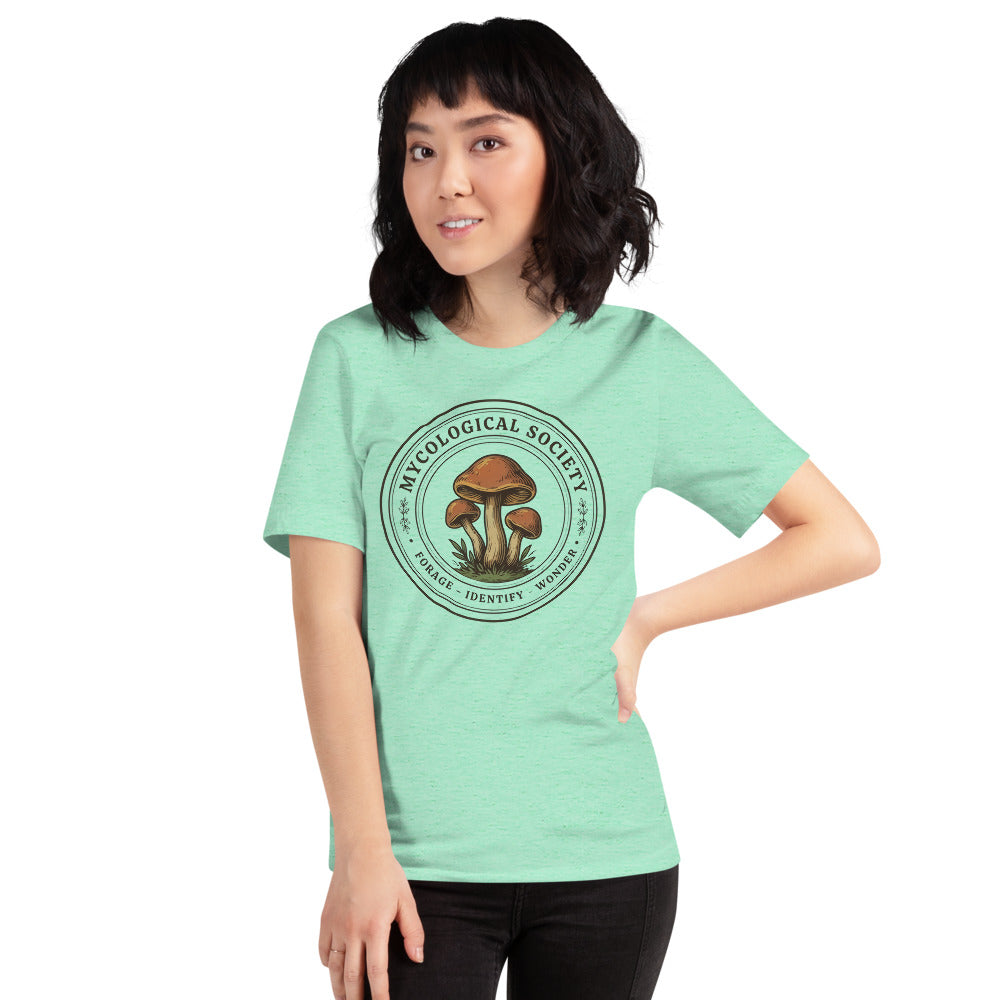 Mushroom Foraging Mycological Society vintage botanical tee — Heather Mint, on model