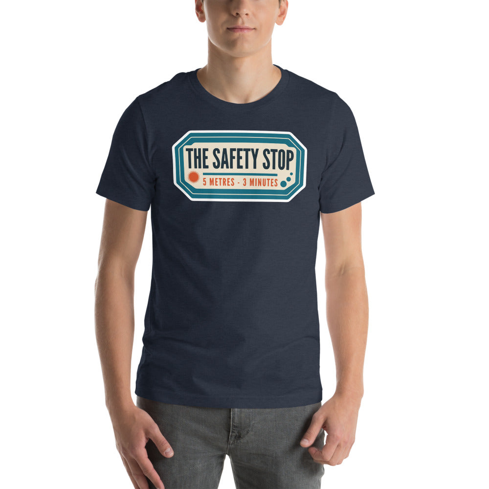 The Safety Stop vintage scuba diving travel decal t-shirt — Heather Navy, on model