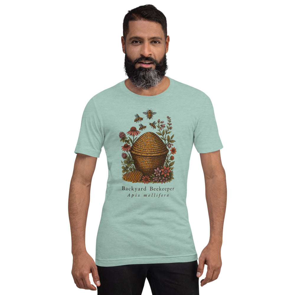Backyard Beekeeper field-guide bee tee — Heather Prism Dusty Blue, on model