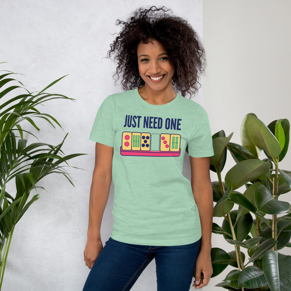 Just Need One funny mahjong tee — Heather Prism Mint, on model