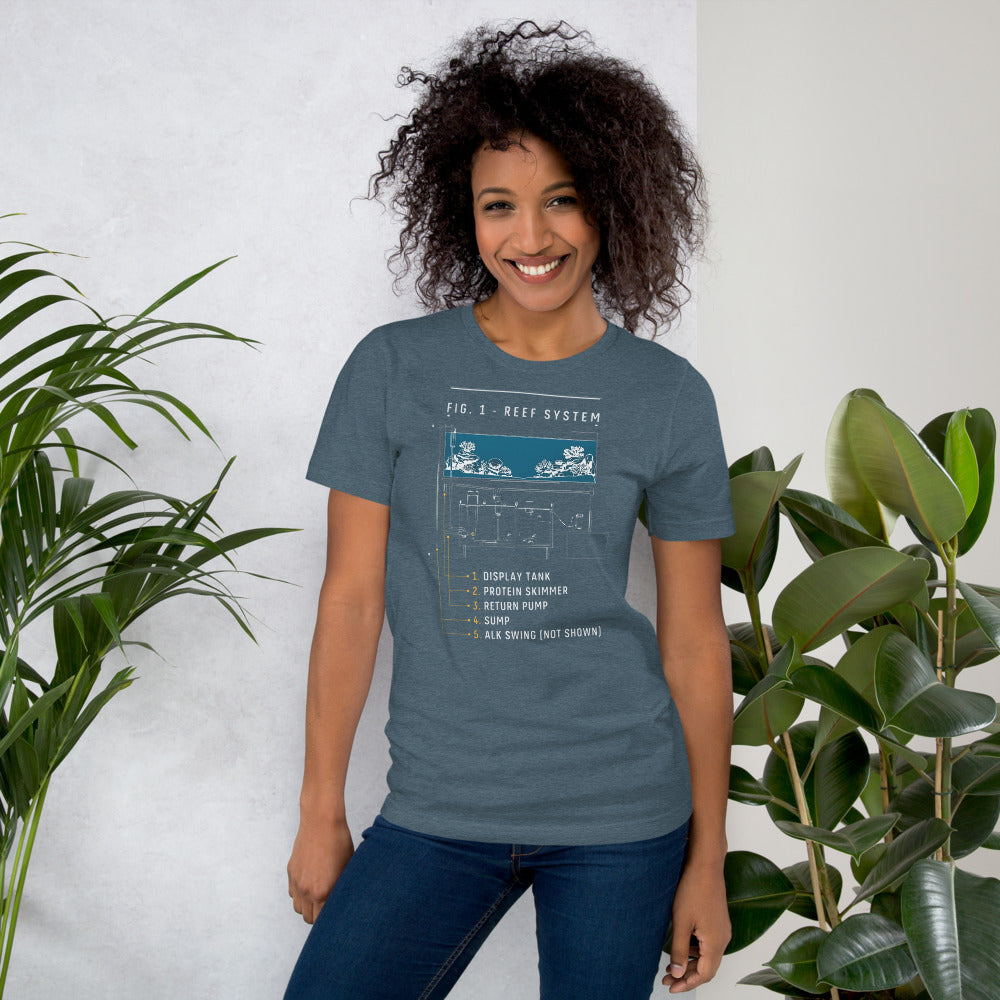 Reef System technical cutaway saltwater aquarium t-shirt — Heather Slate, on model