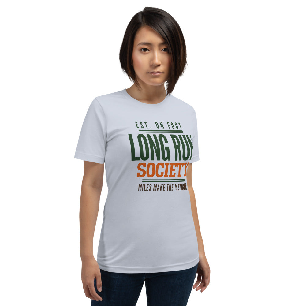 Long Run Society retro running tee — Light Blue, on model