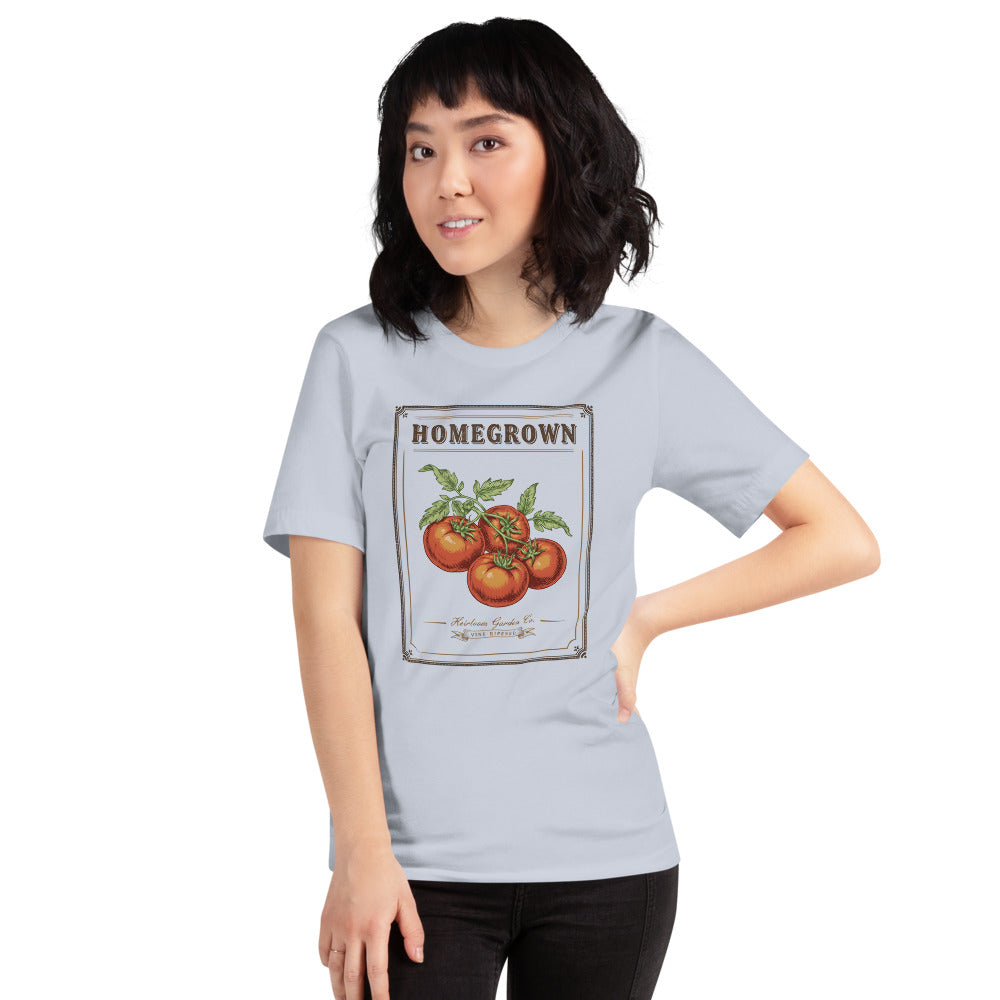 Homegrown Heirloom Seed Packet gardening tee — Light Blue, on model