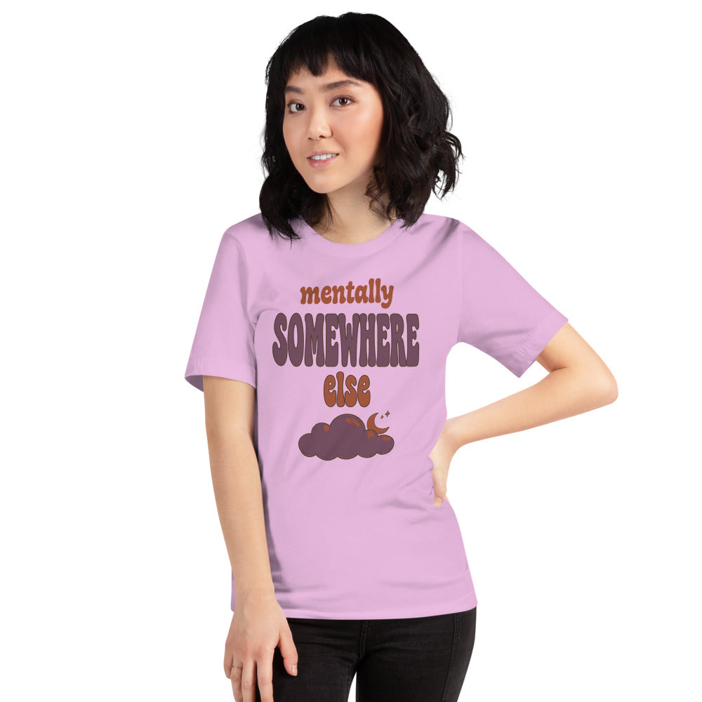 Mentally Somewhere Else soft retro daydream mental health tee — Lilac, on model