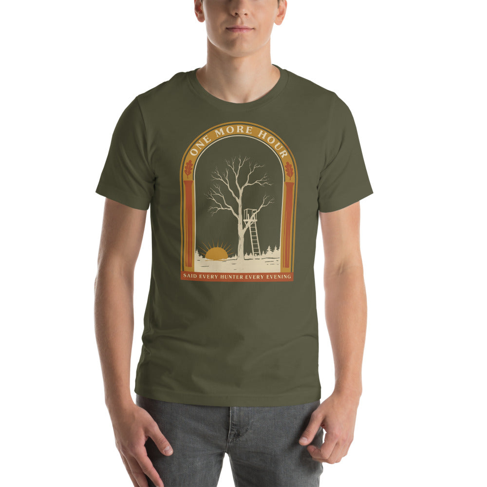 One More Hour funny deer hunting tee — Military Green, on model