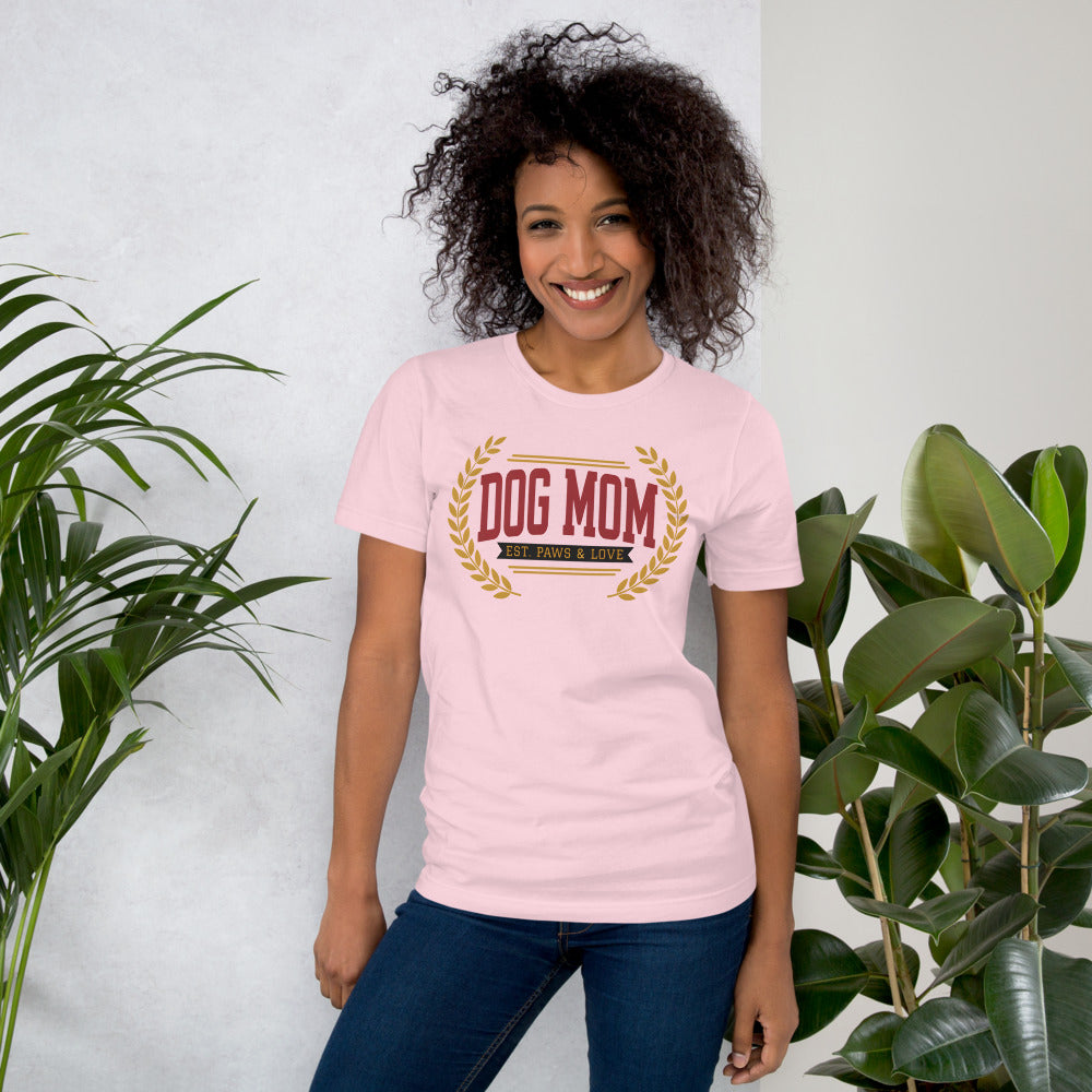 Dog Mom vintage varsity wordmark tee — Soft Pink, on model