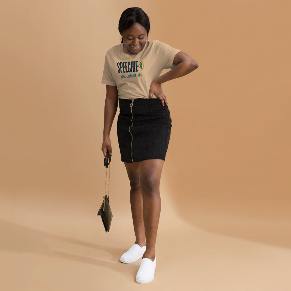 Speechie Wordmark speech therapy tee — Tan, on model
