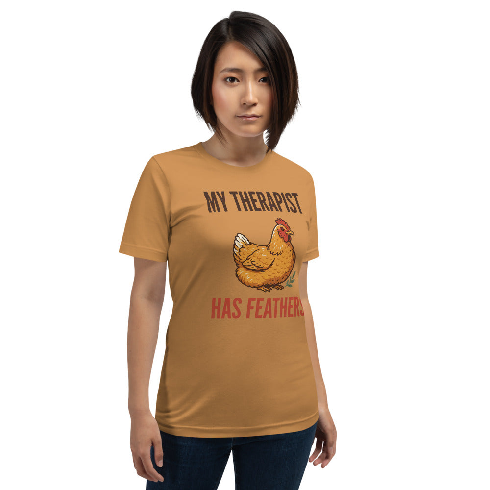 My Therapist Has Feathers funny chicken keeper tee — Toast, on model