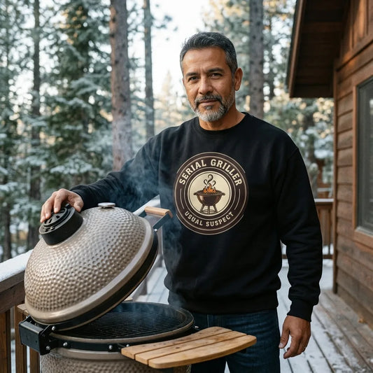 Serial Griller funny BBQ crewneck sweatshirt — lifestyle
