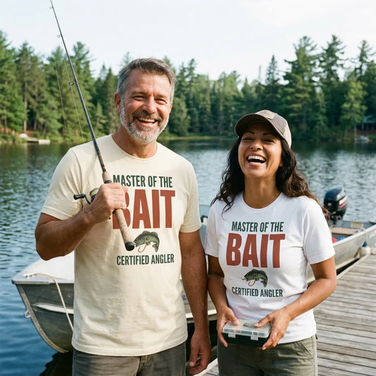 Master of the Bait funny fishing tee on two laughing anglers at a lake dock — Natural and Vintage White