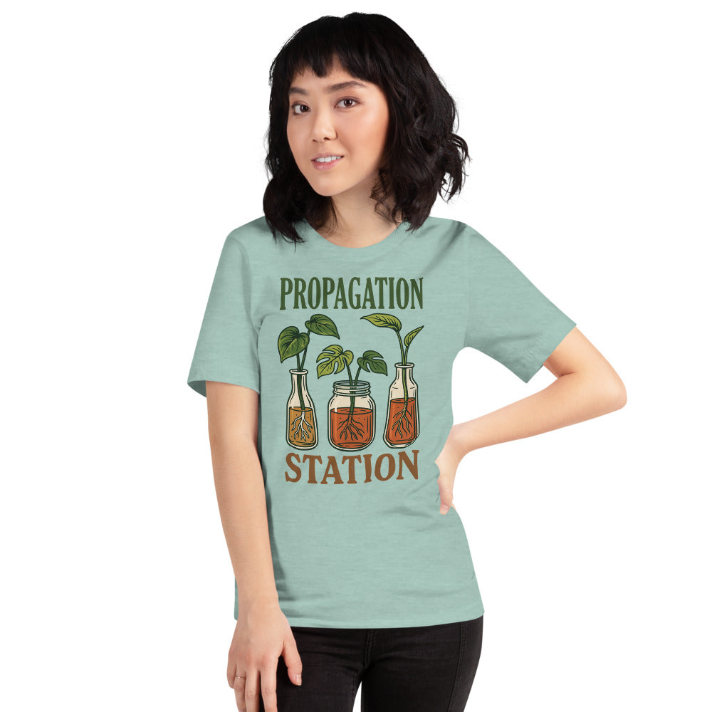 Propagation Station retro botanical plant lover tee — Heather Prism Dusty Blue, on model