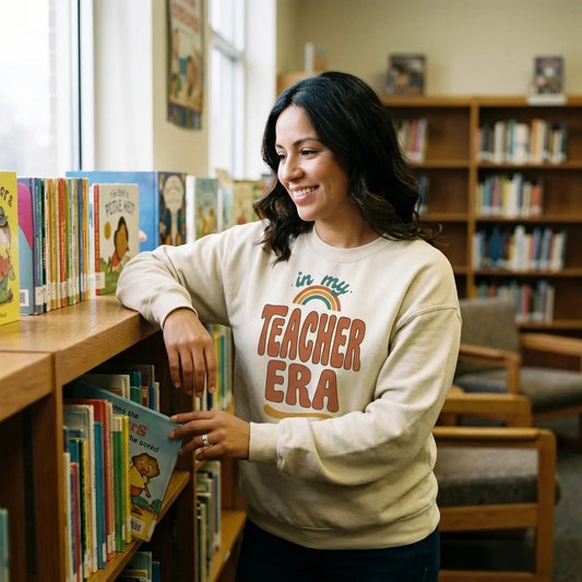 In My Teacher Era retro groovy teacher crewneck — Latina teacher browsing books in a school library, wearing the Sand crewneck