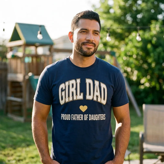 Girl Dad retro varsity tee — lifestyle