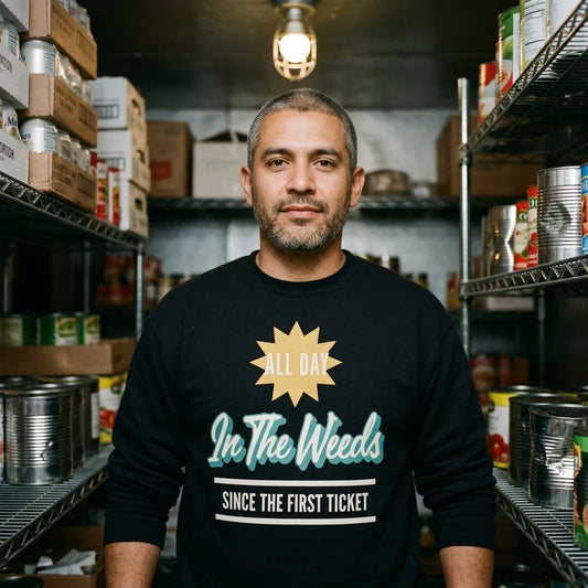 In The Weeds line cook retro diner service sign crewneck sweatshirt — lifestyle