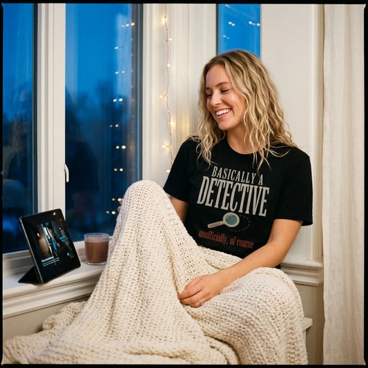 Basically a Detective true crime tee — woman watching a docuseries at a cozy bay window, Black