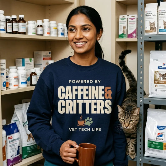 Powered by Caffeine & Critters funny vet tech crewneck sweatshirt — lifestyle