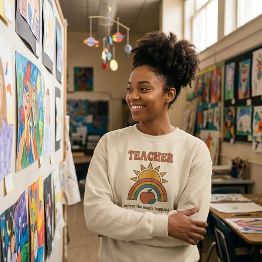 Teacher in a Sand Where The Magic Happens retro groovy crewneck sweatshirt smiling in a colorful school art room