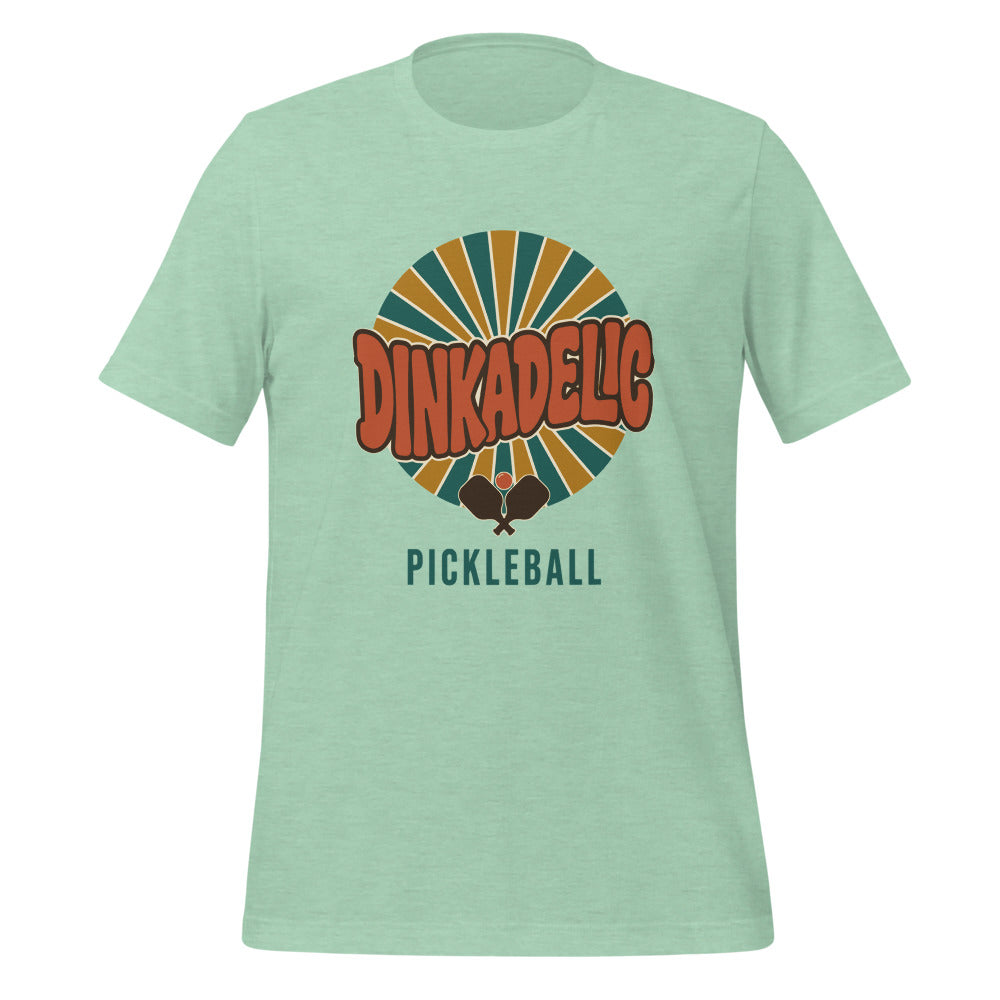 Dinkadelic retro 70s pickleball tee — Heather Prism Mint, front