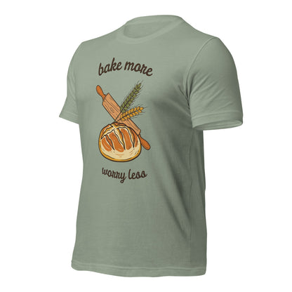 Bake More Worry Less retro kitchen sourdough tee — Sage, front right