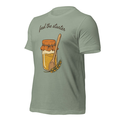 Feed The Starter sourdough baker tee — Sage, front-right