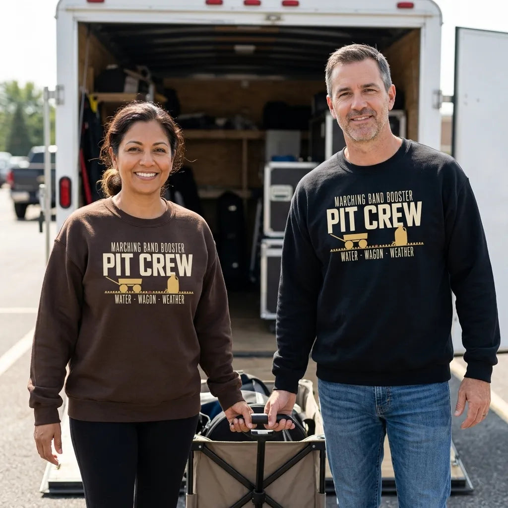 Pit Crew marching band booster crewneck sweatshirt — lifestyle